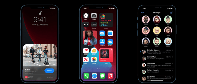 Trois iPhone 12 Pro Max affichant l'écran verrouillé, les widgets et l'application Messages