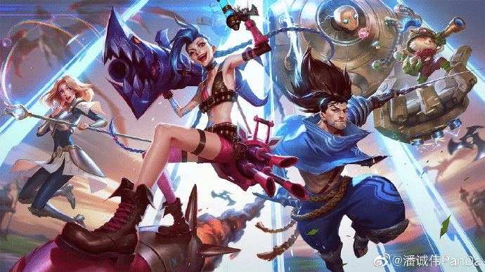 Illustration League of Legends : Vi, Yasuo et d'autres champions en pleine action