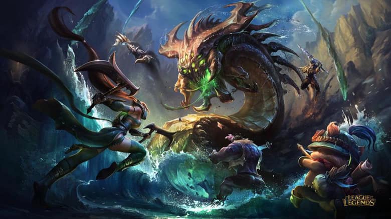 Illustration League of Legends : des champions affrontent un dragon marin