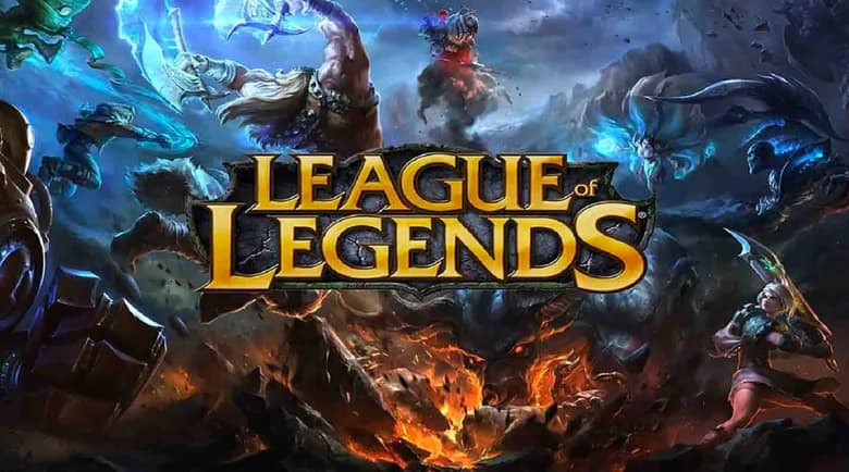 Illustration League of Legends : le logo du jeu devant plusieurs champions au combat