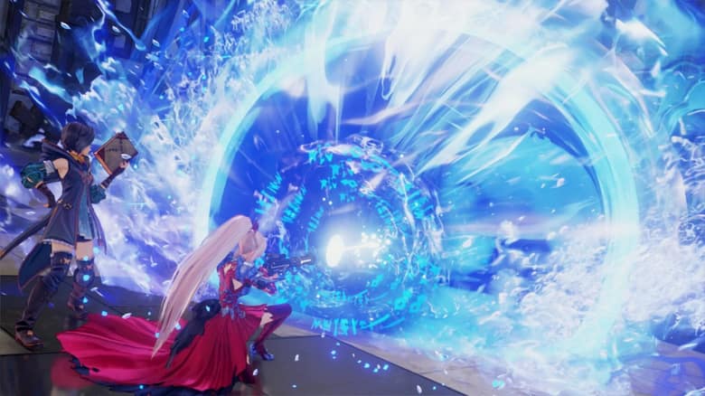 Tales of Arise : un sort de glace explose en un vortex bleu au milieu du combat