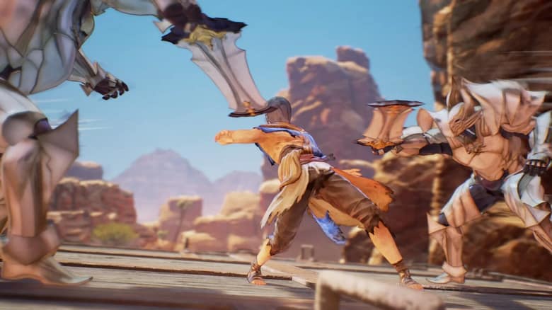 Tales of Arise : combat aérien entre deux personnages au-dessus d'un canyon