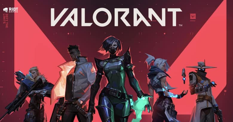 Illustration Valorant : les agents du jeu alignés sous le logo, sur fond rouge