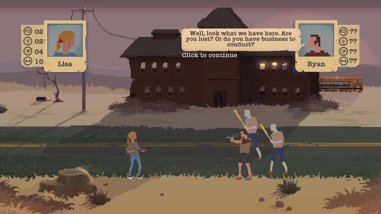 Jeu en pixel art : deux enfants devant une maison isolée, avec une bulle de dialogue