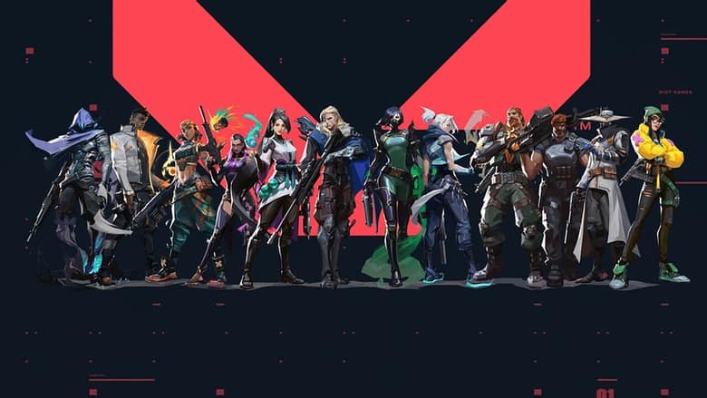 Valorant : tous les agents alignés devant le logo du jeu