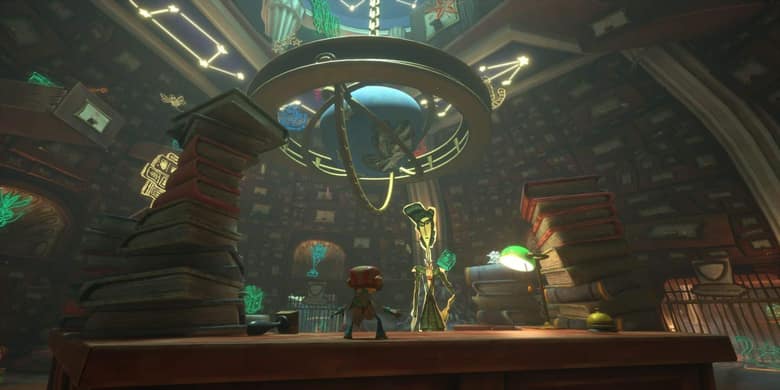 Psychonauts 2 : Raz dans une bibliothèque mentale surmontée d'une machine
