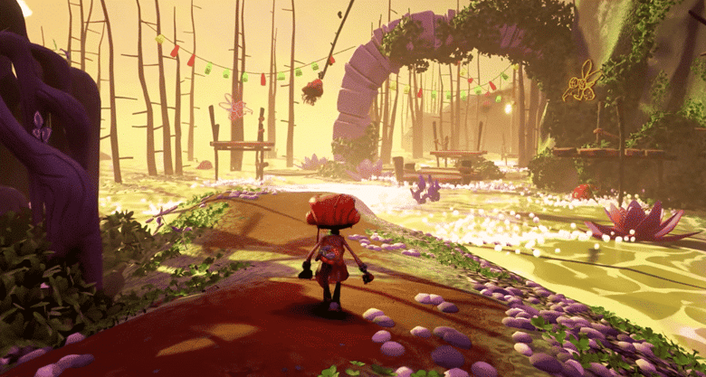 Psychonauts 2 : un personnage marche sur un tapis rouge dans un monde mental coloré