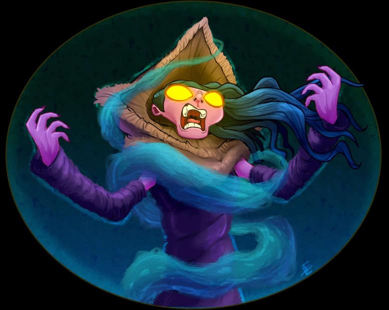 Psychonauts 2 : une créature aux cheveux bleus hurle dans une bulle turquoise
