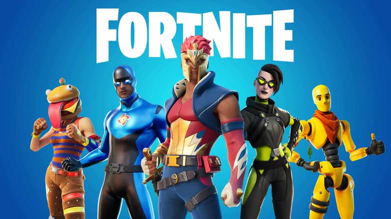 Illustration Fortnite : cinq skins alignés sous le logo du jeu