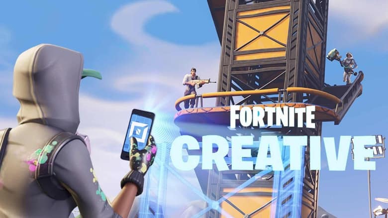 Fortnite Créatif : un joueur devant une tour, sous le logo du mode