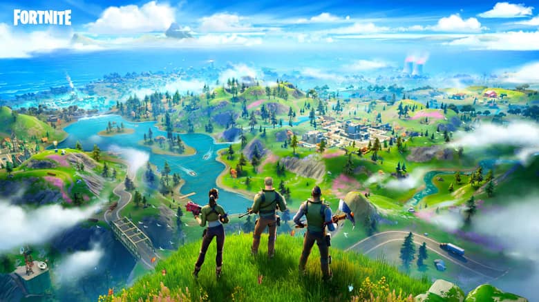 Fortnite : trois personnages surplombent la carte de l'île depuis une colline
