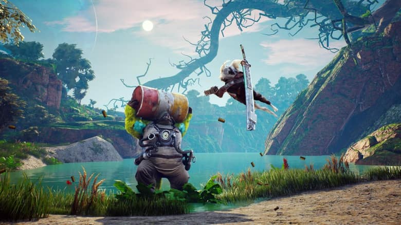 Biomutant : le héros bondit au-dessus d'un lac face à un ennemi