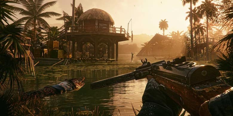 Far Cry 6 : approche en barque d'un pavillon au bord de l'eau, arme au premier plan