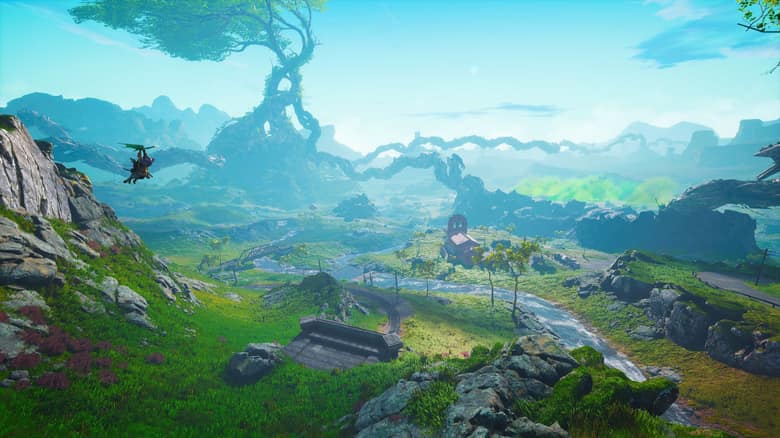 Biomutant : panorama d'une vallée verdoyante traversée par une rivière