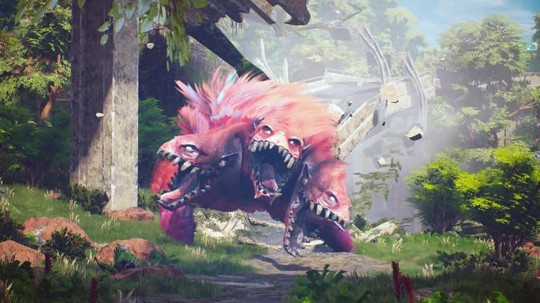 Biomutant : une créature rose à crocs surgit d'une forêt