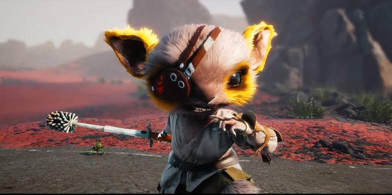 Biomutant : gros plan sur le héros aux grandes oreilles, dans un décor rouge