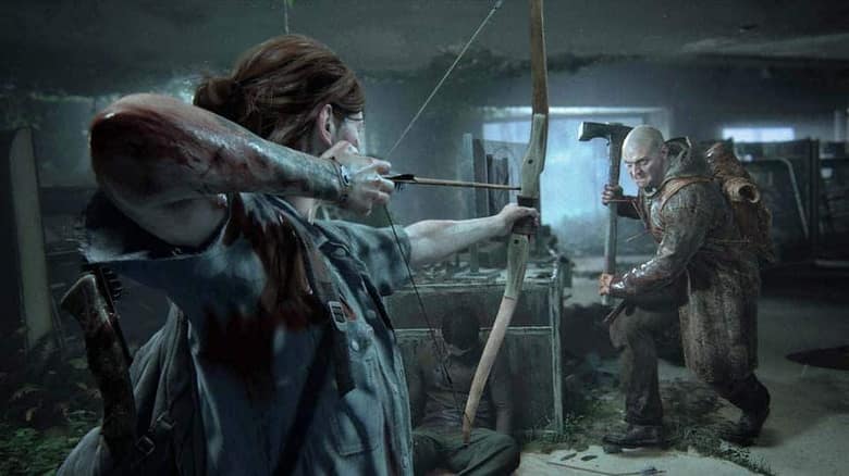 The Last of Us Part II : Ellie tire à l'arc sur un ennemi dans une pièce délabrée