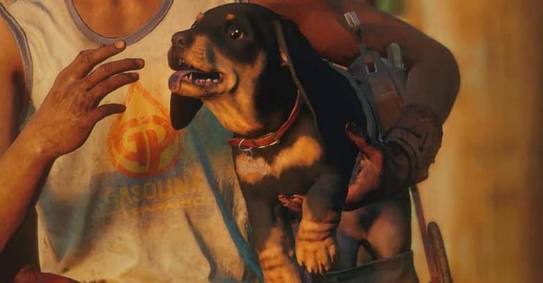 Far Cry 6 : Chorizo, le teckel en fauteuil roulant, caressé par le joueur