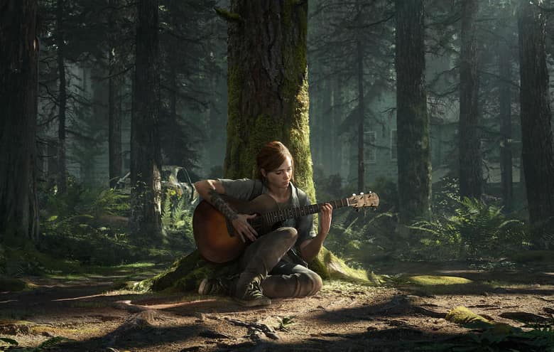 The Last of Us Part II : Ellie joue de la guitare, assise dans une forêt