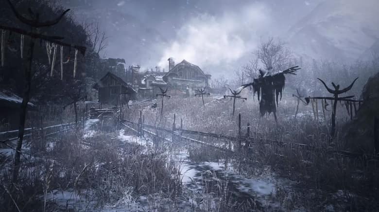 Resident Evil Village : le village enneigé et ses épouvantails, sous un ciel gris
