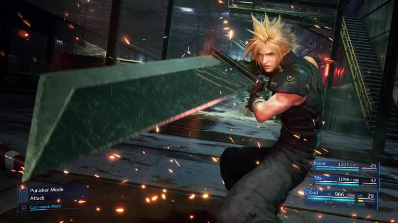 Final Fantasy VII Remake : Cloud en combat, la barre d'action affichée en bas de l'écran