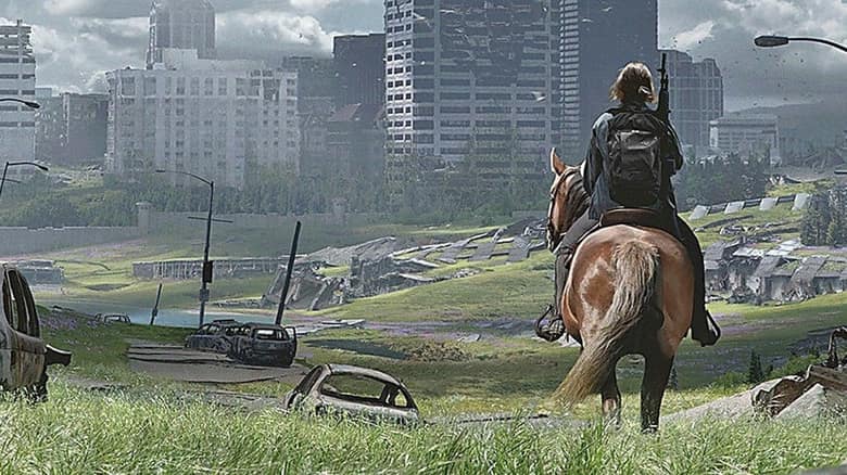 The Last of Us Part II : Ellie à cheval devant Seattle envahie par la végétation