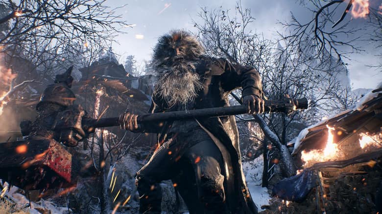 Resident Evil Village : Ethan Winters repousse des Lycans à coups de crosse la nuit