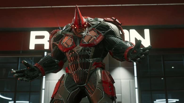 Marvel's Spider-Man Miles Morales : le Rhino en armure devant une devanture