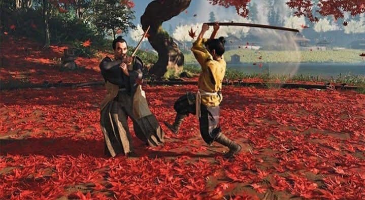 Ghost of Tsushima : un duel au sabre sur un tapis de feuilles rouges