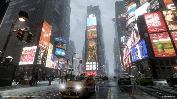 Marvel's Spider-Man Miles Morales : Times Square sous la neige, panneaux publicitaires allumés