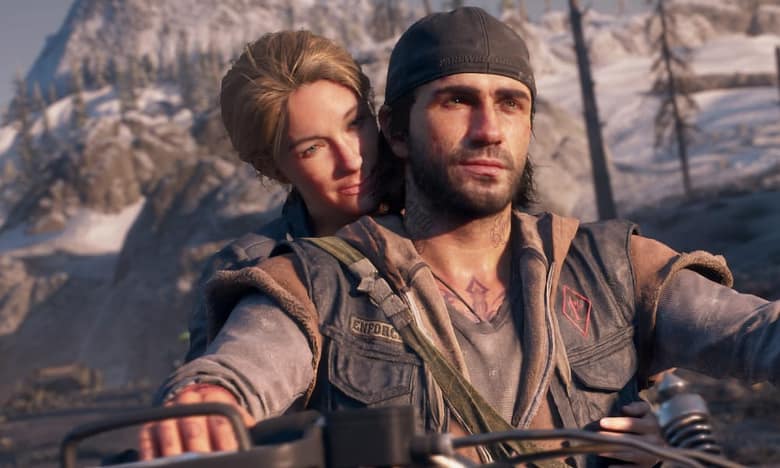 Days Gone : Deacon et Sarah en selfie sur la moto, dans un décor enneigé