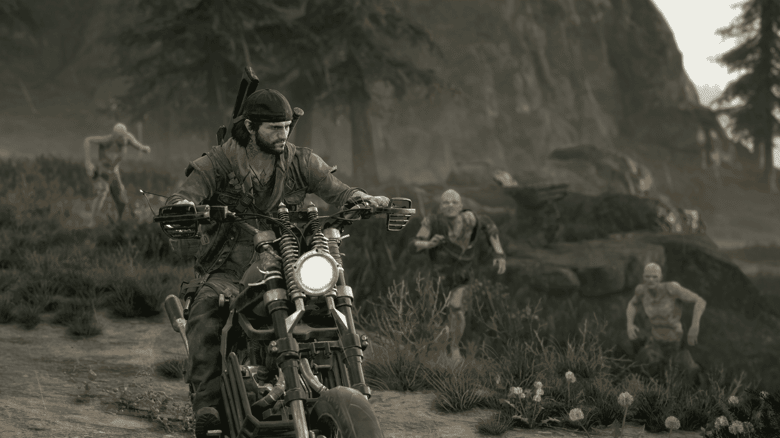Days Gone : Deacon St. John roule à moto au milieu des Freakers, image désaturée
