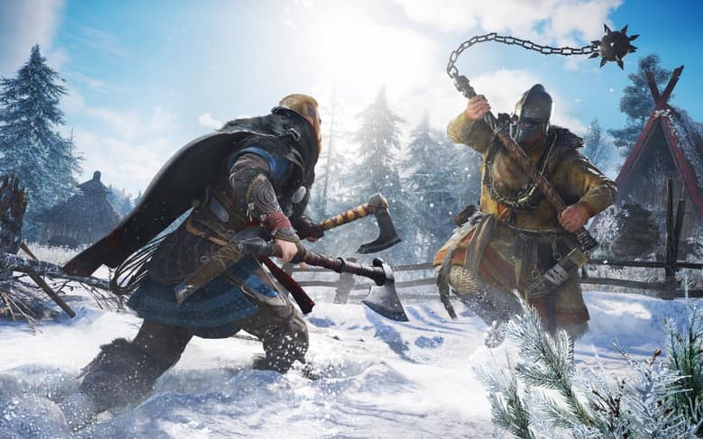 Assassin's Creed Valhalla : Eivor affronte un guerrier au fléau dans la neige