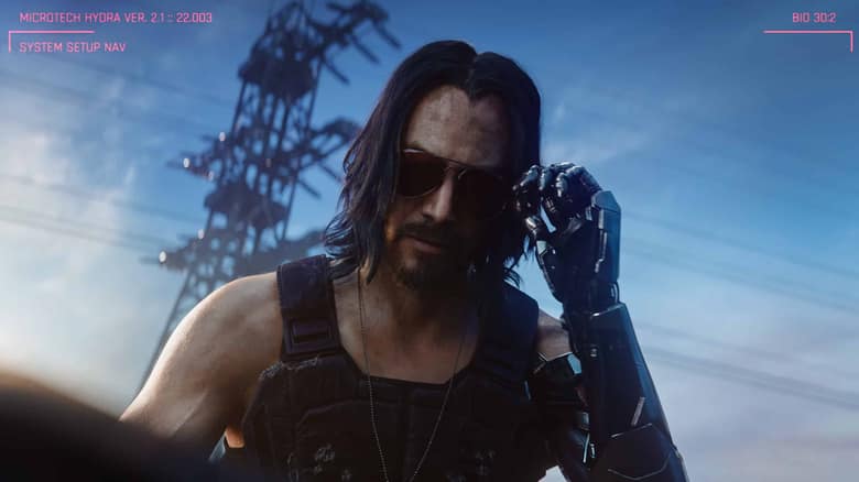 Cyberpunk 2077 : Johnny Silverhand, incarné par Keanu Reeves, bras cybernétique en évidence