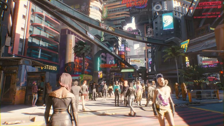 Cyberpunk 2077 : une rue animée de Night City, enseignes lumineuses et passants
