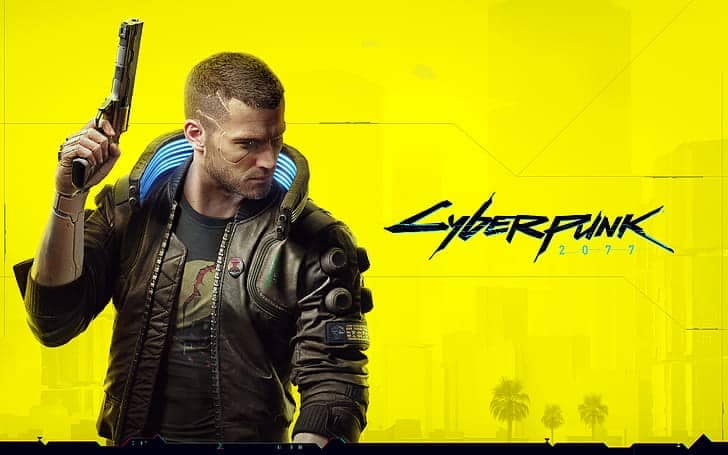 Illustration Cyberpunk 2077 : V, pistolet levé, devant le logo sur fond jaune