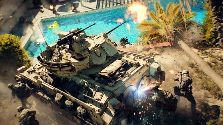 Battlefield 6 : un char progresse sur une place bordée de palmiers pendant que des soldats avancent sous le feu