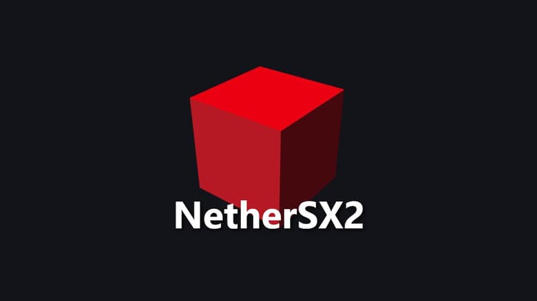 Logo de NetherSX2 : un cube rouge en trois dimensions surmontant le nom en lettres blanches, sur fond gris anthracite