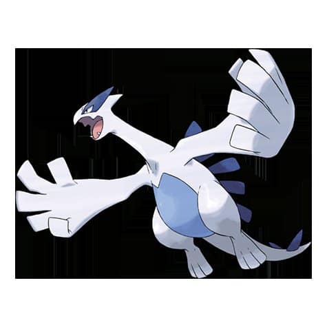 Artwork officiel de Lugia, grand Pokémon blanc aux ailes déployées, au ventre bleu et aux plaques bleues sur le dos