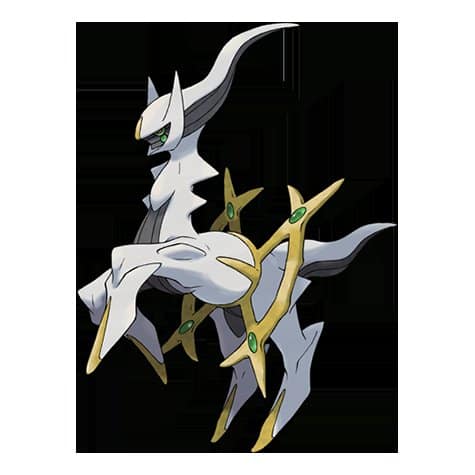 Artwork officiel d'Arceus, Pokémon blanc et gris en forme de cheval, entouré d'un anneau doré serti de joyaux verts