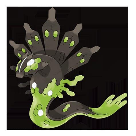 Artwork officiel de Zygarde, Pokémon serpent noir aux motifs verts hexagonaux, à la collerette dressée en éventail