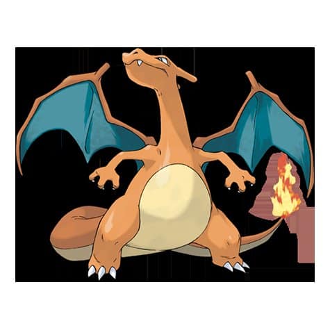 Artwork officiel de Dracaufeu, dragon orange aux ailes bleu-vert déployées, la queue enflammée