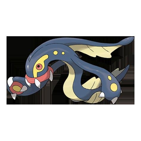 Artwork officiel d'Ohmassacre, Pokémon anguille bleu nuit à taches jaunes, la gueule ronde bordée de crocs et de rouge