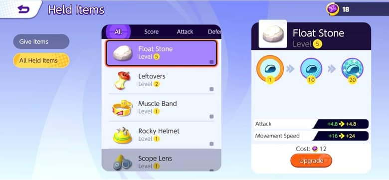 Écran « Held Items » de Pokémon UNITE : liste d'objets tenus (Float Stone, Leftovers, Muscle Band…) et fiche d'amélioration de l'objet sélectionné