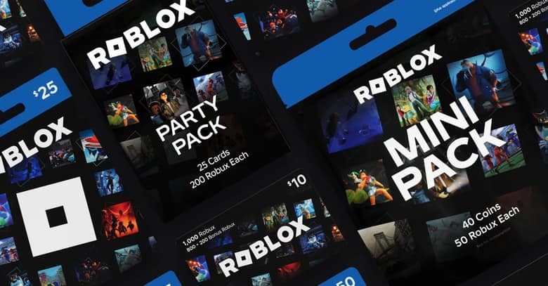 Plusieurs cartes cadeaux Roblox de 10, 25 et 50 dollars, dont des « Party Pack » et « Mini Pack »