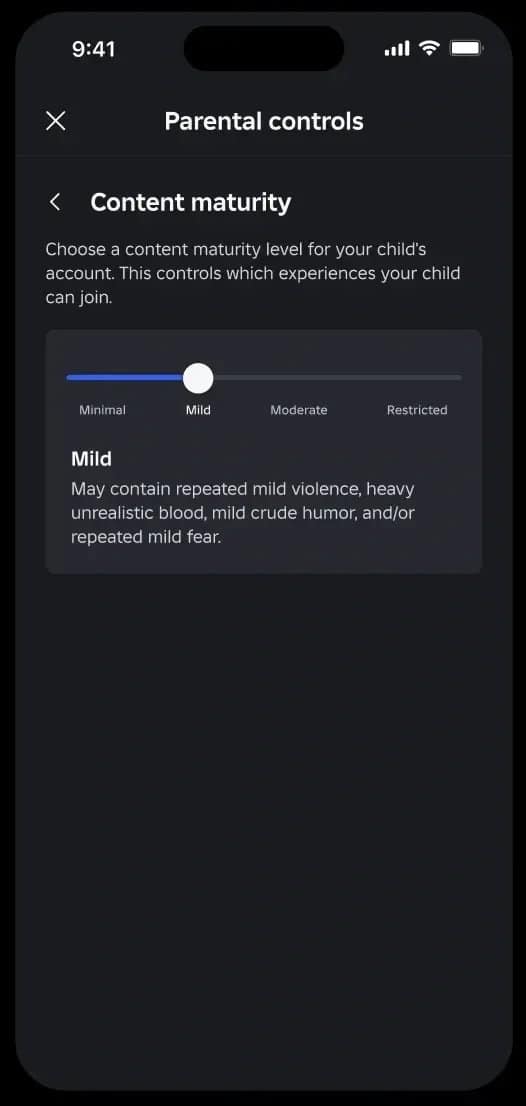 Écran « Parental controls » de Roblox sur téléphone : curseur de maturité du contenu réglé sur « Mild », entre Minimal, Moderate et Restricted
