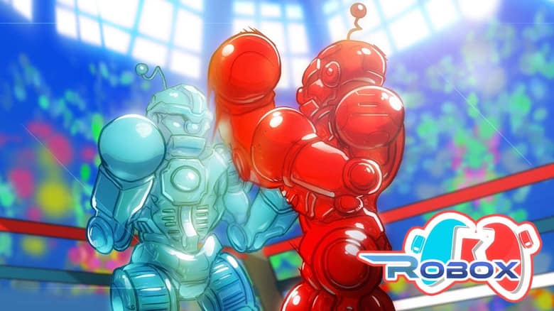 Deux robots boxeurs, un bleu et un rouge, s'affrontent sur un ring, avec le logo Robox, un jeu sans rapport avec Roblox