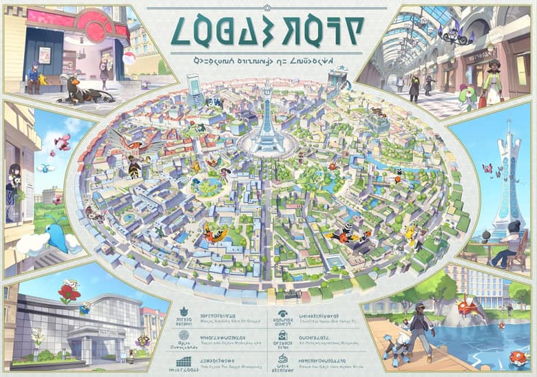 Carte illustrée d'Illumis : une ville ronde aux rues en étoile autour de la Tour Prismatique, entourée de vignettes de quartiers et de Pokémon