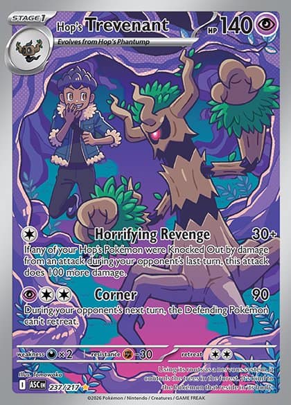 Carte Desséliande de Nabil, Hop's Trevenant en anglais : le dresseur et son Pokémon dans une forêt sombre, illustration pleine carte, numérotée 237/217 avec une étoile dorée en bas à gauche