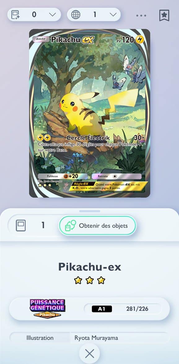 Fiche de la carte Pikachu-ex dans le Cartodex du jeu : illustration de Pikachu sous un arbre, trois étoiles, extension Puissance Génétique, numéro 281/226